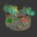 Cartoon Scenic Model Featuring Log Cabin Small Stream Green Trees And Rocks