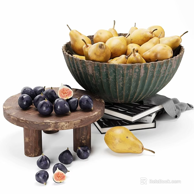 Fresh Yellow Pears in Green Bowl with Purple Figs on Wooden Stand and Books 3d model 
