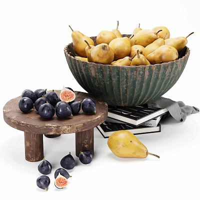 Fresh Yellow Pears in Green Bowl with Purple Figs on Wooden Stand and Books 3d model