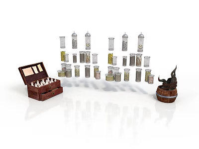 Wooden Chest With Small White Items And Silver Gold Cylindrical Cans Near Decorative Wooden Barrel 3d model