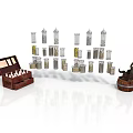 Wooden Chest With Small White Items And Silver Gold Cylindrical Cans Near Decorative Wooden Barrel