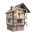 Two Story Half Timbered Wooden House With Stone Base Balcony And Sloped Roof