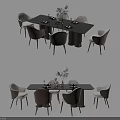 Modern Dining Table Set With Rectangular Black Table Multi Colored Chairs And Decorative Plants 3d model
