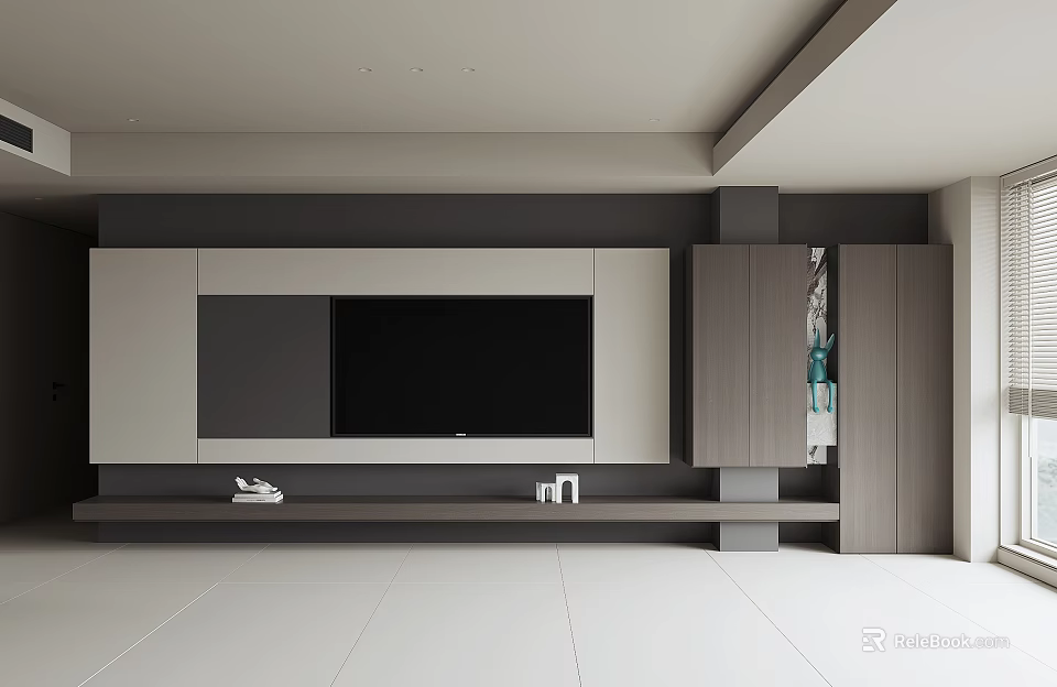 Modern TV Background Wall With Gray White Panels And Wooden Storage Cabinets 3d model 