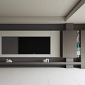 Modern TV Background Wall With Gray White Panels And Wooden Storage Cabinets