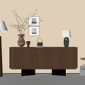 Brown Entryway Cabinet Sideboard With Circular Hole Design Floor Lamp Vase And Wall Paintings