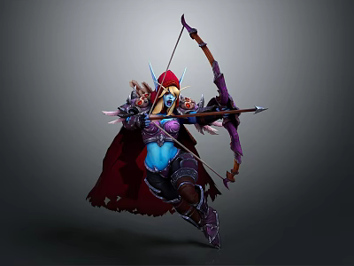 Fantasy Elven Archer Character With Blue Skin Red Helmet Bow And Armored Cloak 3d model