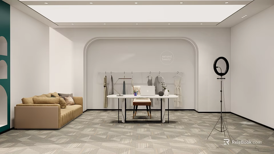 Modern Public Office Area With Arched Backdrop Long Desk Laptop Beige Sofa And Geometric Floor 3d model 