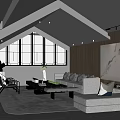 Modern Living Room Interior With Large Windows Wooden Walls And Marble Fireplace