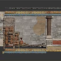 Ancient Roman Building Model With Tiled Roof Columns Interior Shelves And Clay Pots