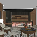 Elegant Modern Reception Hall Interior With Wooden Panel Wall Carpet Sofas Coffee Tables And Staircase 3d model