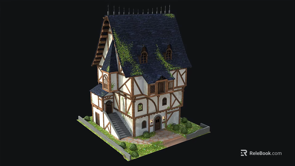 Half-Timbered Medieval House with Dark Roof Green Ivy Small Windows Stairs And Lawn 3d model 
