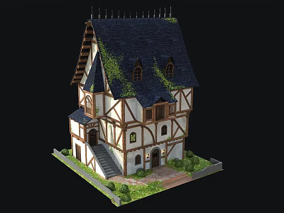Half-Timbered Medieval House with Dark Roof Green Ivy Small Windows Stairs And Lawn 3d model