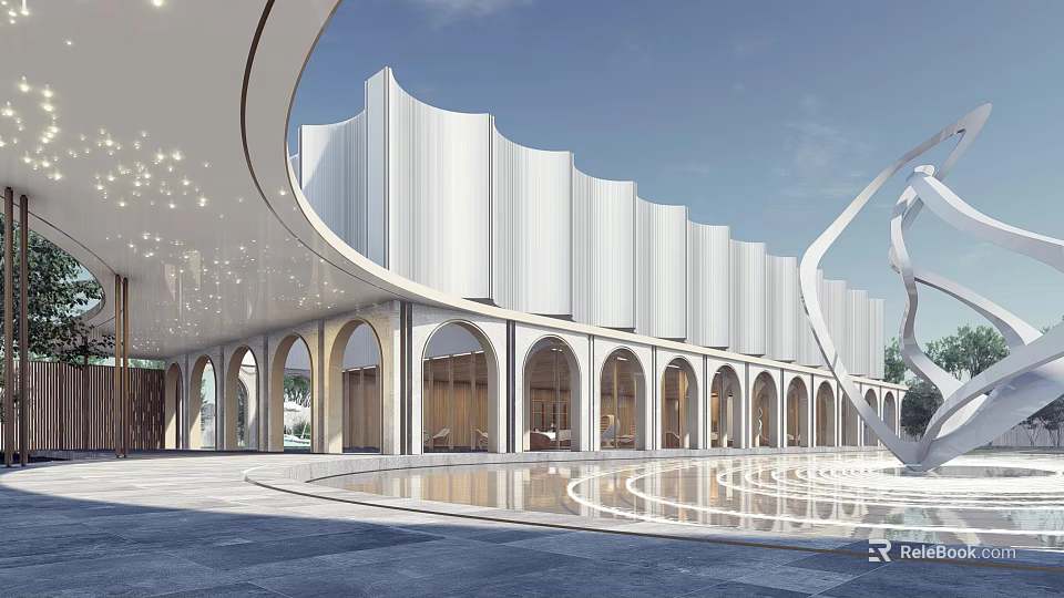 Elegant Modern Sales Office Building With Curved Roof Arched Doors Windows And Water Pool 3d model 