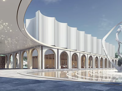Elegant Modern Sales Office Building With Curved Roof Arched Doors Windows And Water Pool 3d model