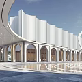 Elegant Modern Sales Office Building With Curved Roof Arched Doors Windows And Water Pool