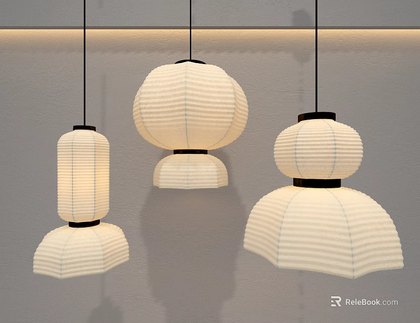 Japanese Style Paper Lantern Pendant Lights White Striped Design With Black Accents In Interior Decor 3d model 