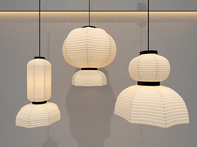 Japanese Style Paper Lantern Pendant Lights White Striped Design With Black Accents In Interior Decor 3d model