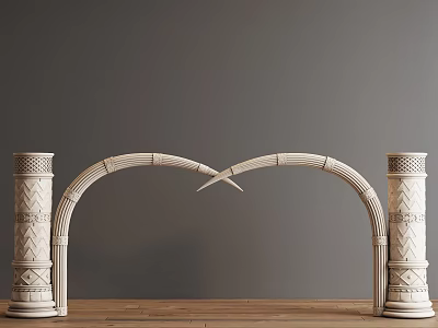 Elegant Carved Door Arch with Decorative Columns Against Gray Wall Background and Wooden Floor 3d model