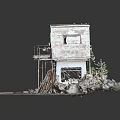 Abandoned Rusty Model House With Surrounding Debris Weeds And Wooden Planks