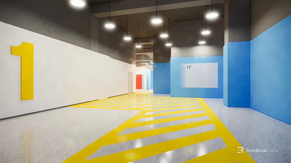 Modern Reception Area Design With Blue Front Desk Yellow Floor Stripes And White Walls 3d model 