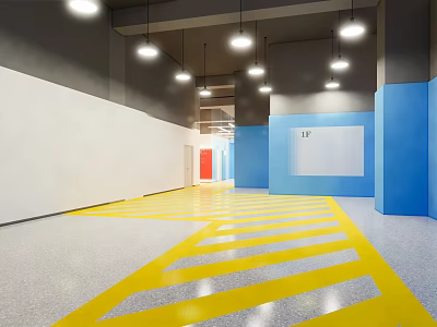 Modern Reception Area Design With Blue Front Desk Yellow Floor Stripes And White Walls 3d model