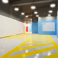Modern Reception Area Design With Blue Front Desk Yellow Floor Stripes And White Walls
