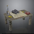 Wooden Table Setup With Bottle Binoculars Old Map Red Plate And Yellow Coins