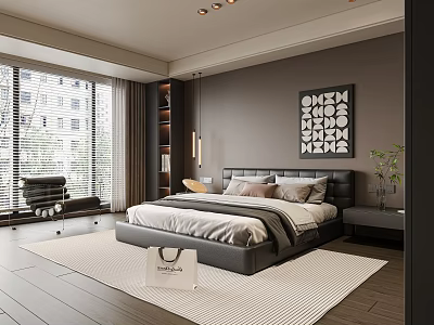 Modern Bedroom Interior With Large Bed Dark Headboard Window Blinds Wooden Floor And Wall Artwork 3d model