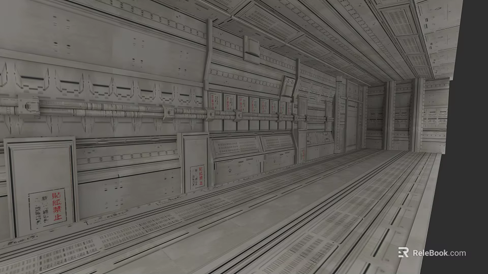 Tech Exhibition Hall Interior With Metallic Walls Control Panels And Futuristic Design 3d model 