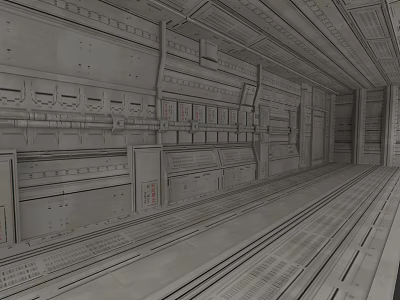 Tech Exhibition Hall Interior With Metallic Walls Control Panels And Futuristic Design 3d model