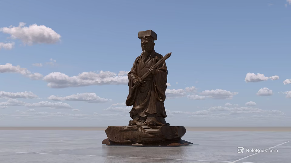 Ancient Figure Sculpture Holding Scroll With Traditional Robe Hat And Pedestal Under Blue Sky 3d model 