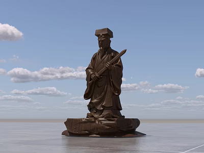Ancient Figure Sculpture Holding Scroll With Traditional Robe Hat And Pedestal Under Blue Sky 3d model