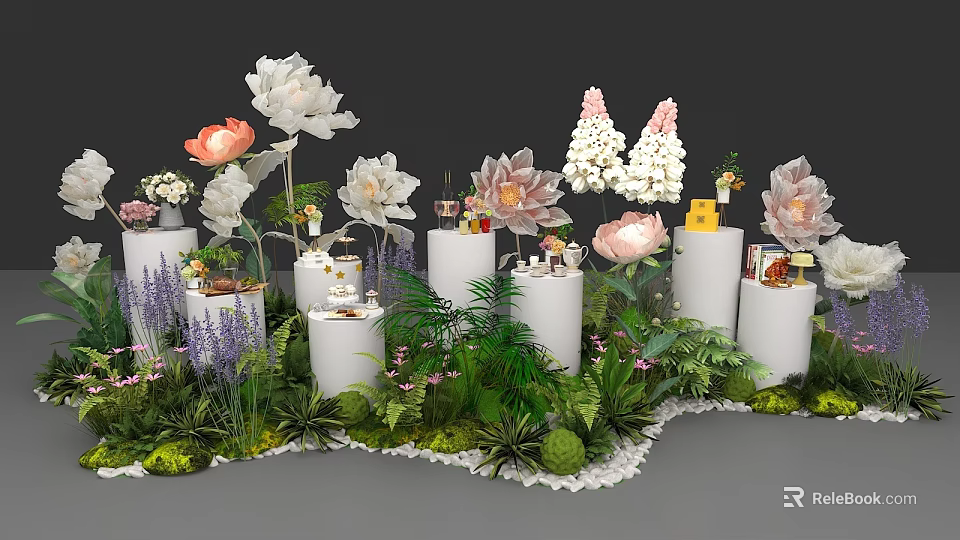 Floral Decorative Tea Break Area With White Flowers Green Plants And White Columns 3d model 