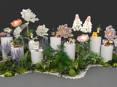 Floral Decorative Tea Break Area With White Flowers Green Plants And White Columns 3d model
