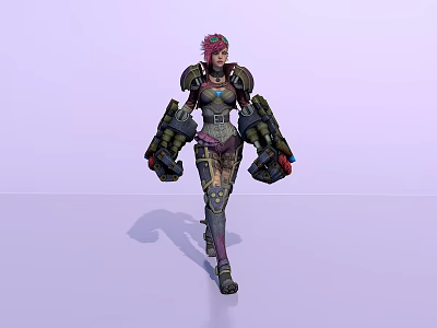 Tech Exhibition Hall Featuring Female Character In Mechanical Armor With Pink Hair And Large Weapons 3d model