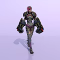 Tech Exhibition Hall Featuring Female Character In Mechanical Armor With Pink Hair And Large Weapons
