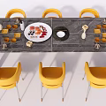 Gray Marble Dining Table Set with Yellow Chairs and Brunch Tabletop Decor 3d model