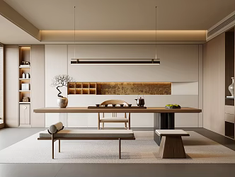 New Chinese Style Song Style Tea Room New Chinese Style Tea Room Tea Table and Chair Combination Tea Room Cabinet Decorative Cabinet Bench Large Board Table Tea Room Background Wall Tea Room Chandelier Dried Flowers 3d model