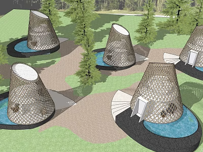Modern Boutique Hotel Buildings With Conical Perforated Design Surrounded by Water Ponds and Greenery 3d model