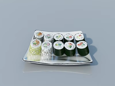 Various Types Of Sushi Rolls Served On White Plate With Light Blue Background 3d model