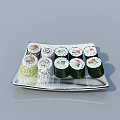 Various Types Of Sushi Rolls Served On White Plate With Light Blue Background