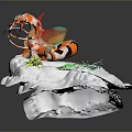 Fantasy Orange White Striped Character With Green Plants Red Ribbons On White Platform