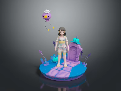 Child Standing on Blue Platform With Purple Arch Green Plants and Floating Purple Toy 3d model