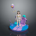 Child Standing on Blue Platform With Purple Arch Green Plants and Floating Purple Toy