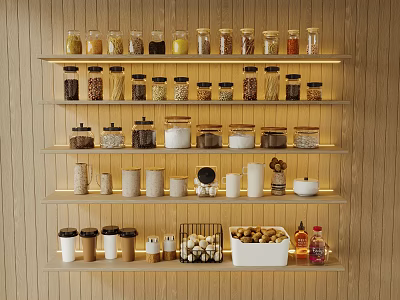 Organized Wooden Kitchen Shelves With Clear Jars For Spices And Grains 3d model