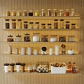Organized Wooden Kitchen Shelves With Clear Jars For Spices And Grains