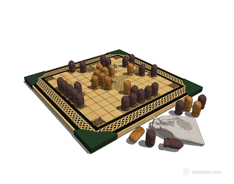 Classic Board Game Entertainment with Wooden Pieces and Green Border Board Design 3d model 