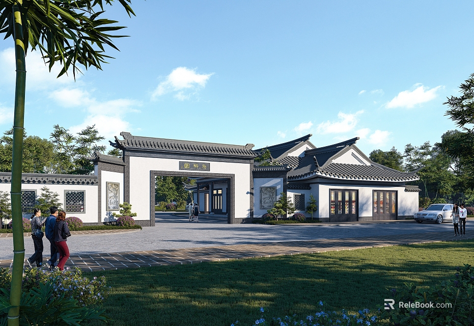 Traditional Chinese Scenic Wall Design with Tiled Roof Gateway Greenery and People Walking in Courtyard 3d model 