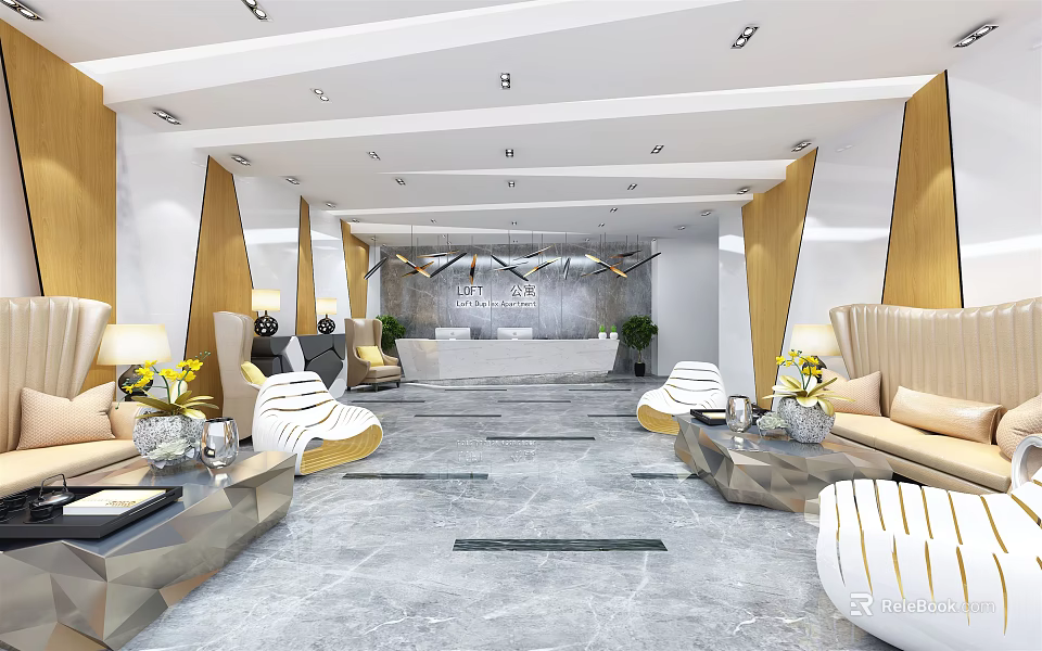 Elegant Modern Hotel Lobby Interior With Reception Desk Comfortable Sofas And Decorative Plants 3d model